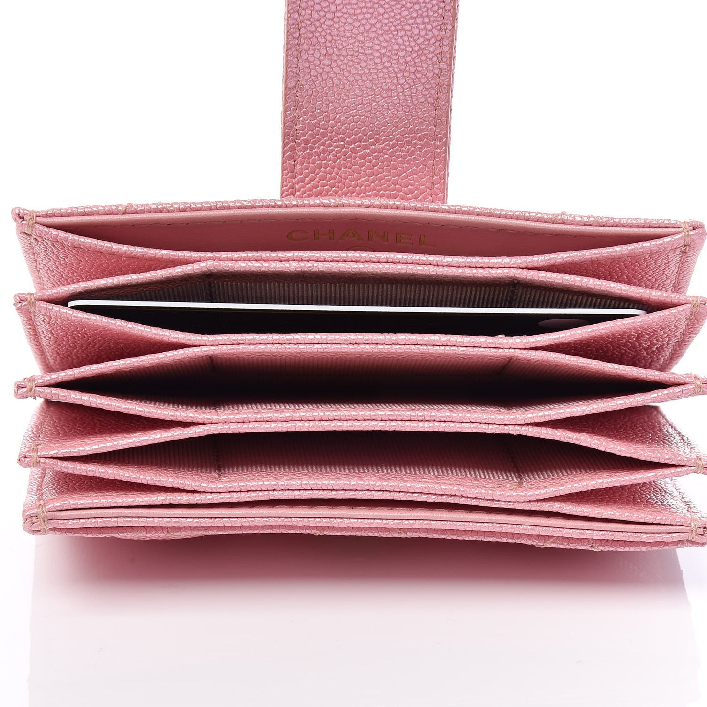 Iridescent Caviar Quilted Gusseted Card Holder Pink
