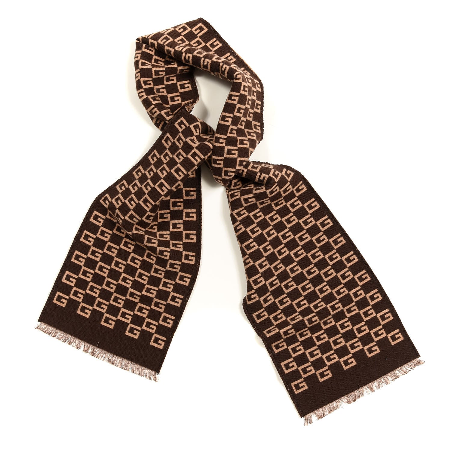 Gucci Wool Silk GG Monogram Scarf Beige Dark Brown 1 of 4