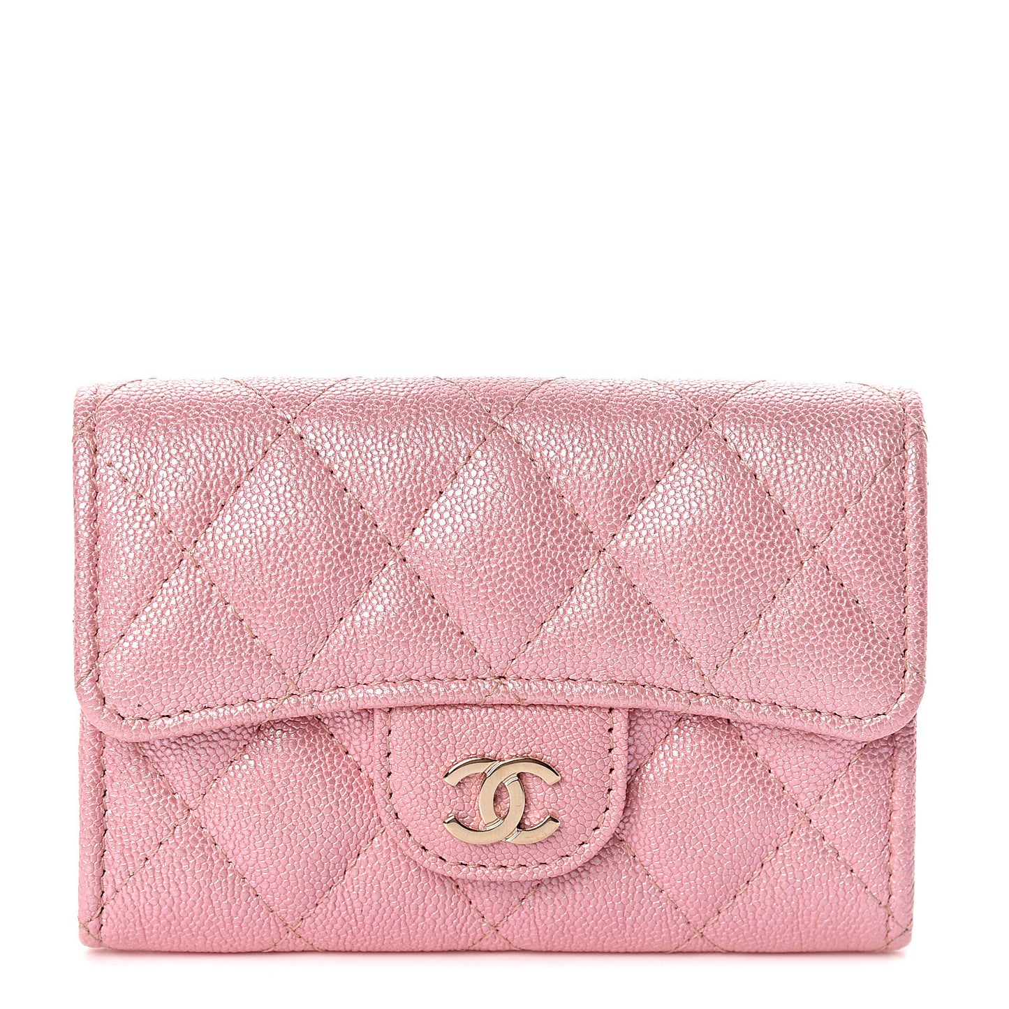 Iridescent Caviar Quilted Flap Card Holder Rose Pink