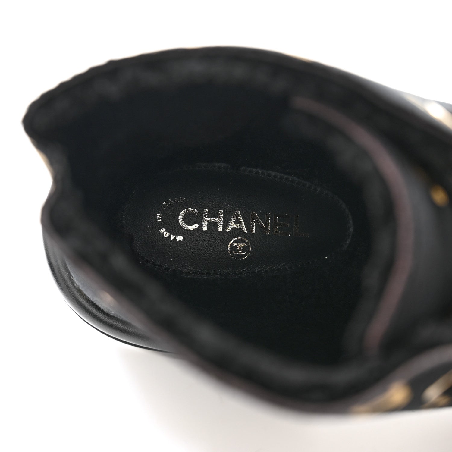 Chanel Lambskin Shearling Canvas CC Lace Up Boots 38.5 Black Gold 7 of 9