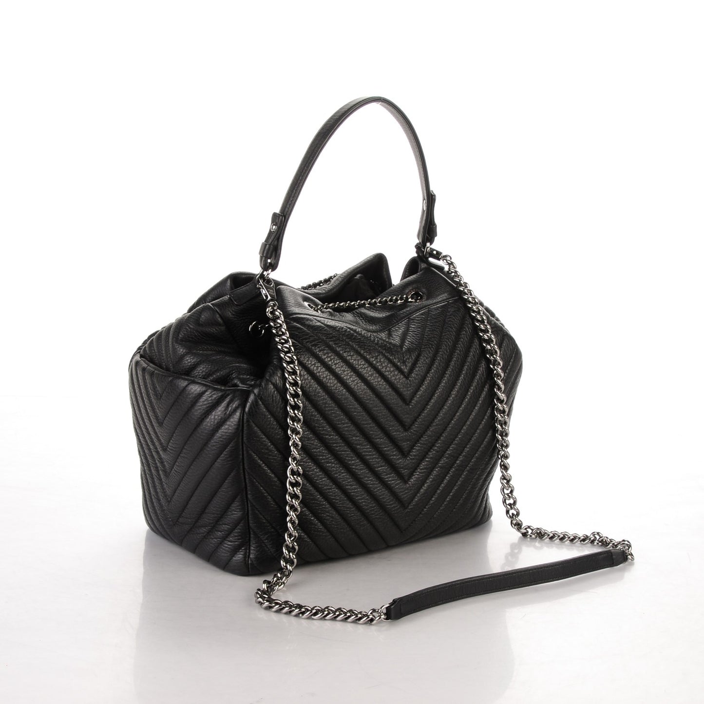 Deerskin Chevron Large CC Chain Bucket Drawstring Bag Black