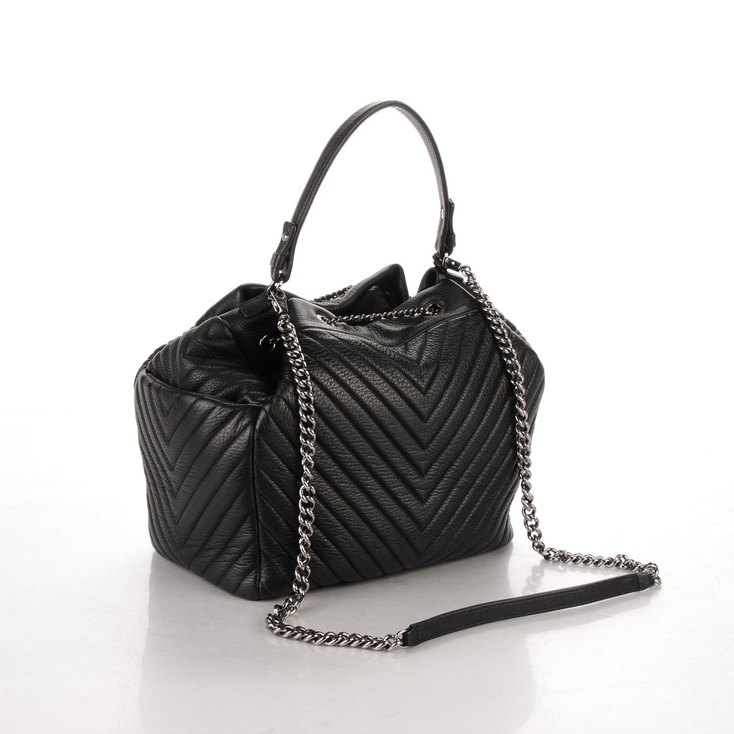 Chanel Deerskin Chevron Large CC Chain Bucket Drawstring Bag Black 3 of 7