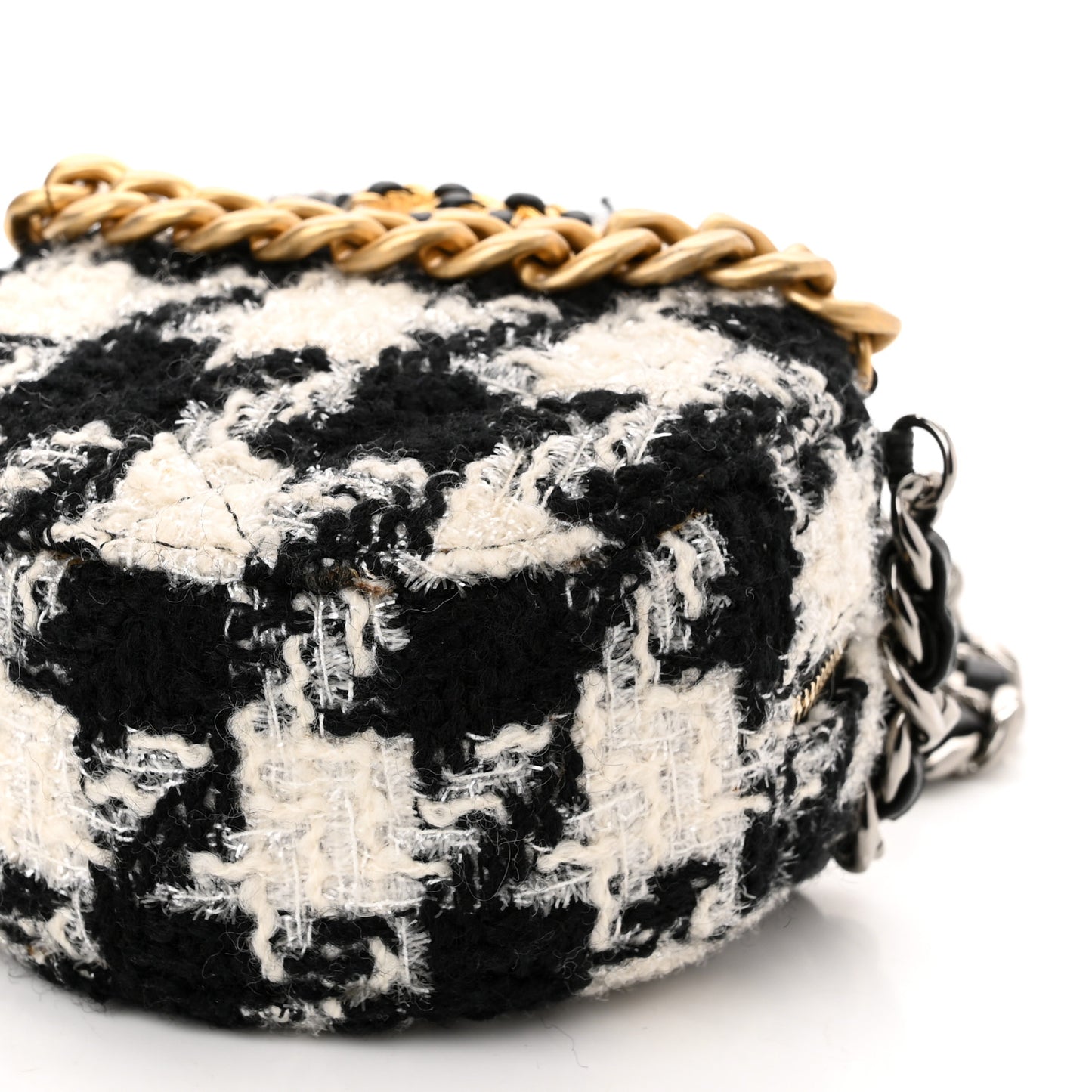 Wool Tweed Lambskin Quilted Chanel 19 Round Clutch With Chain and Coin Purse Black White