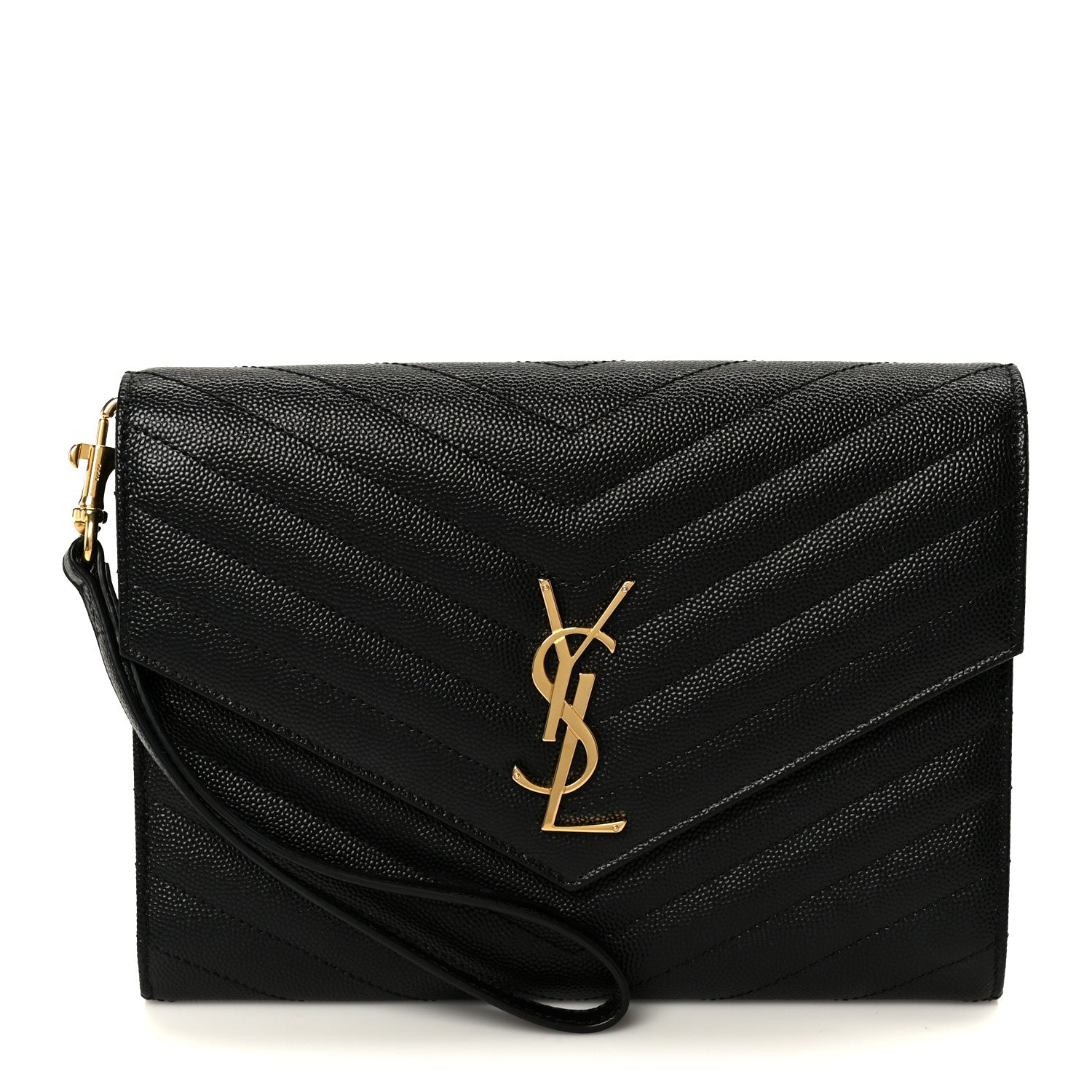 Saint Laurent Grain De Poudre Matelasse Chevron Monogram Cassandre Flap Pouch Black 1 of 9