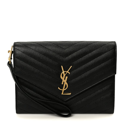 Saint Laurent Grain De Poudre Matelasse Chevron Monogram Cassandre Flap Pouch Black 1 of 9