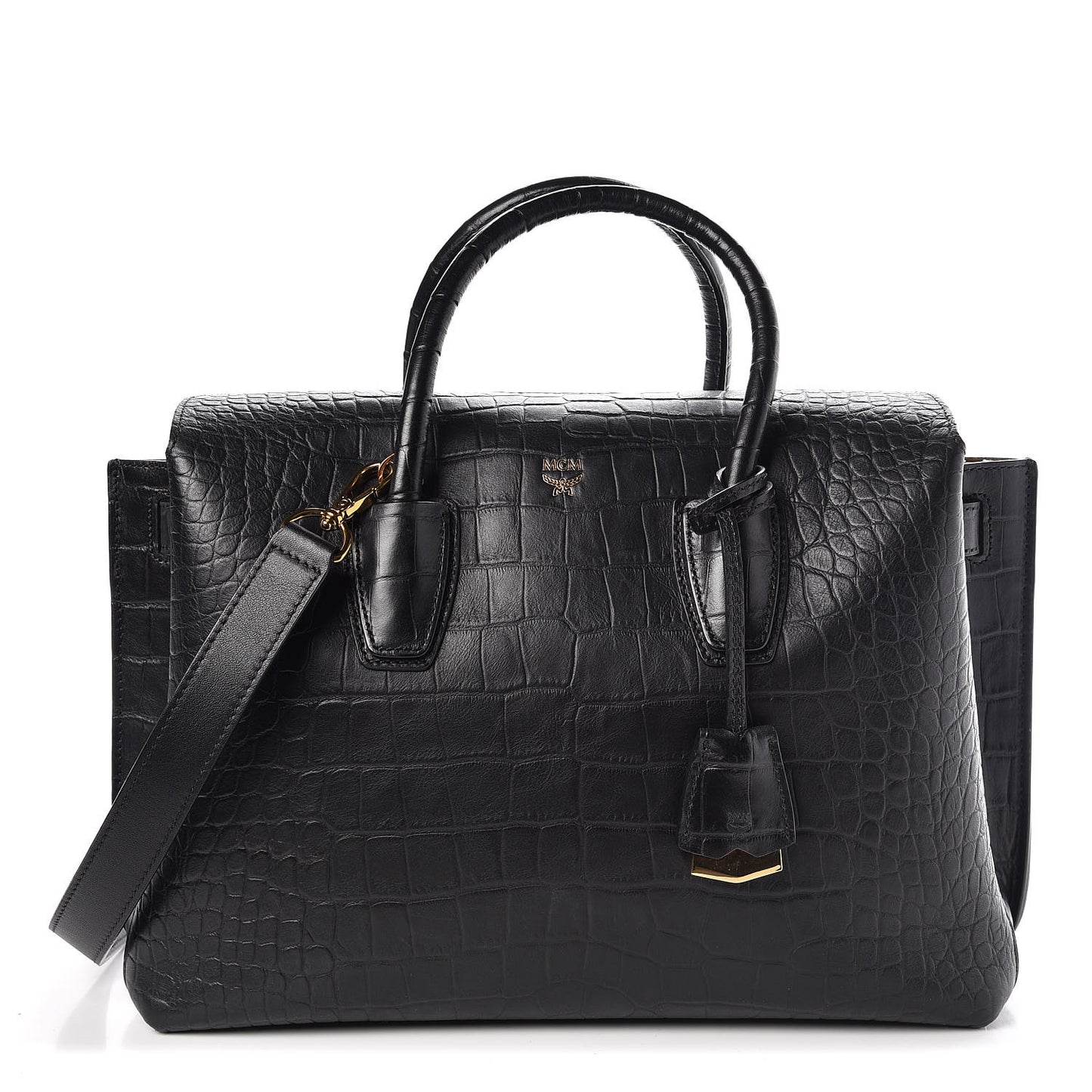 Calfskin Crocodile Embossed Medium Milla Tote Black