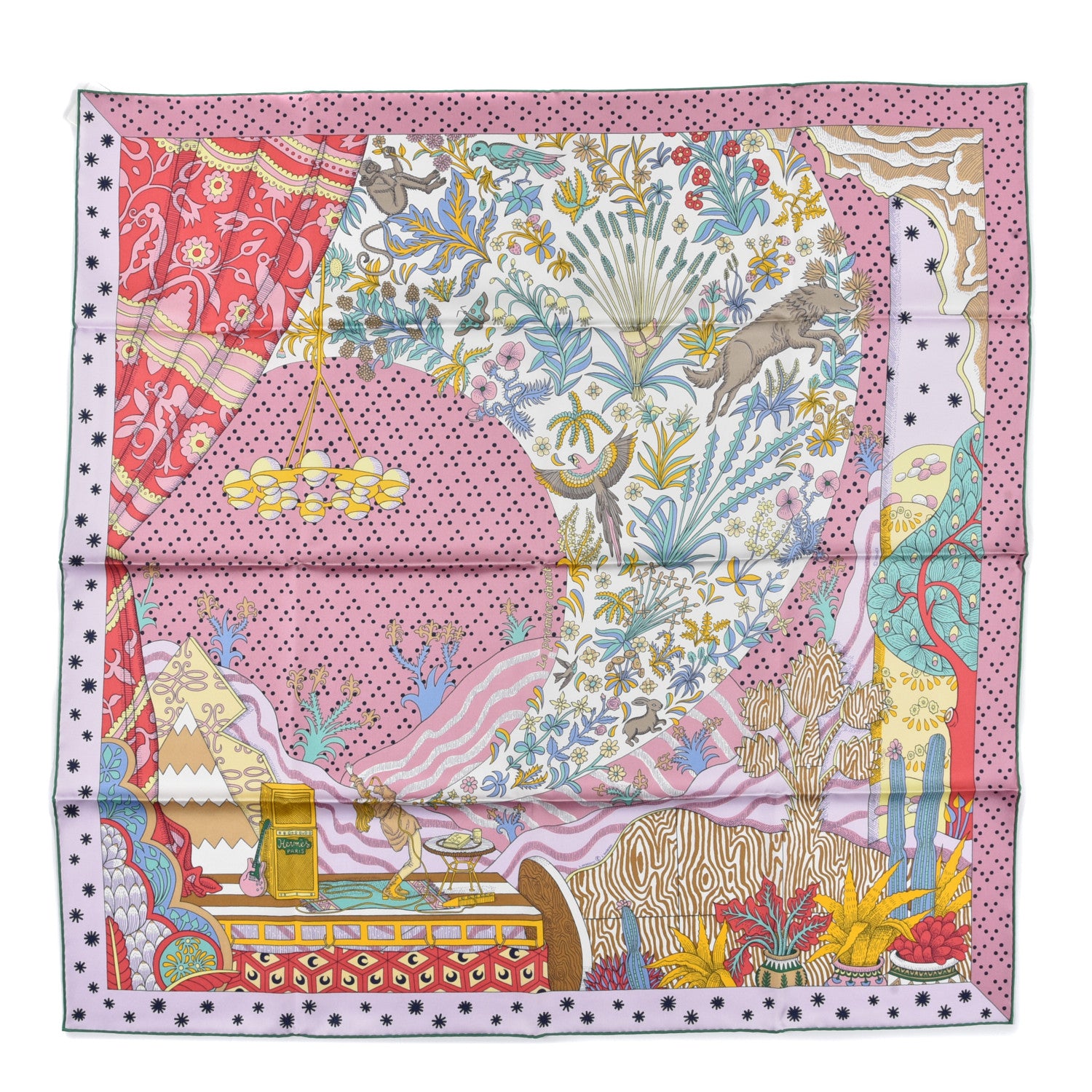 Hermes Silk Le Premier Chant Scarf 90 Vieux Rose Vert Jaune 1 of 5
