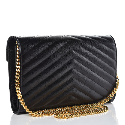 Saint Laurent Grain De Poudre Matelasse Chevron Monogram Chain Wallet Black 3 of 9