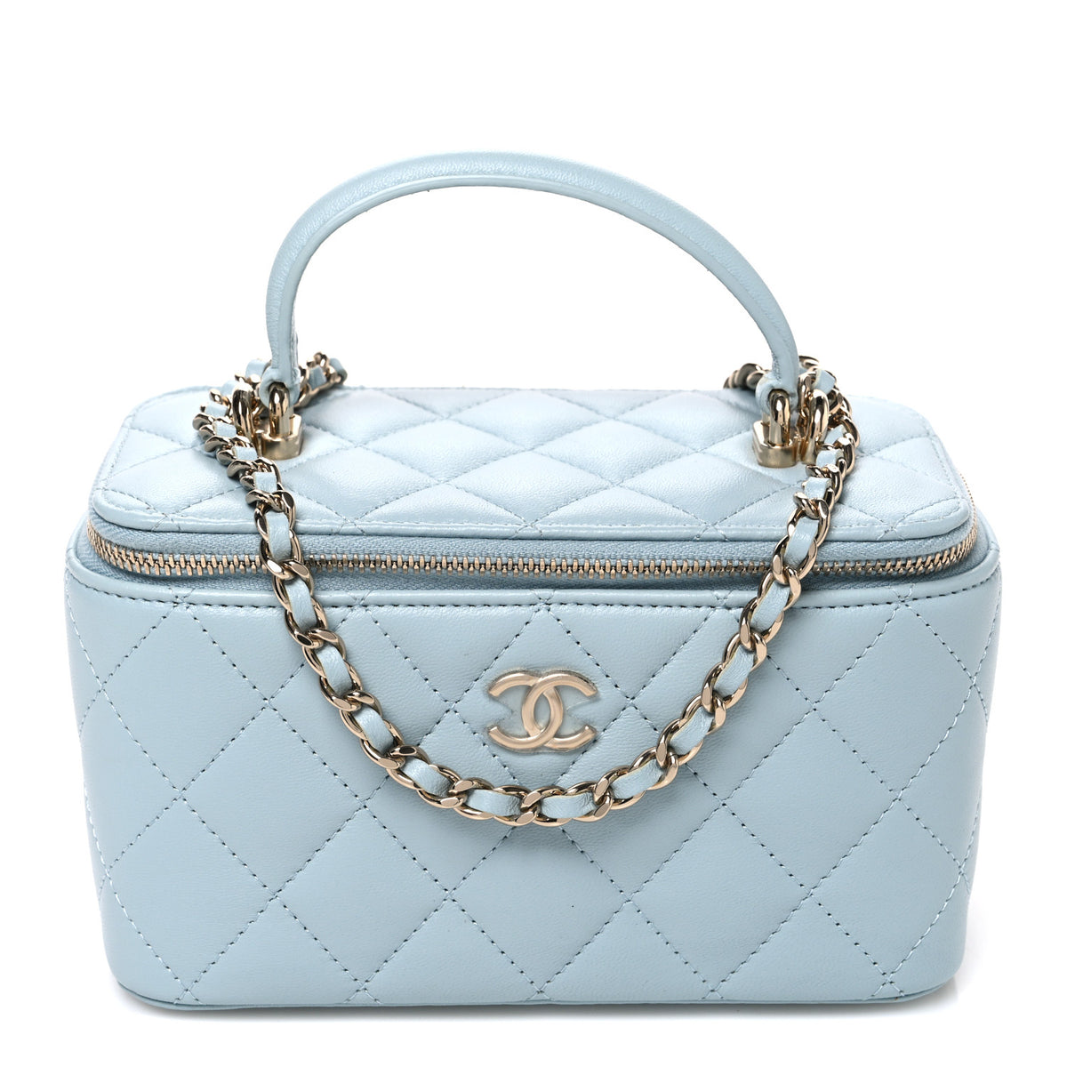 Lambskin Quilted Small Top Handle Vanity Case With Chain Light Blue