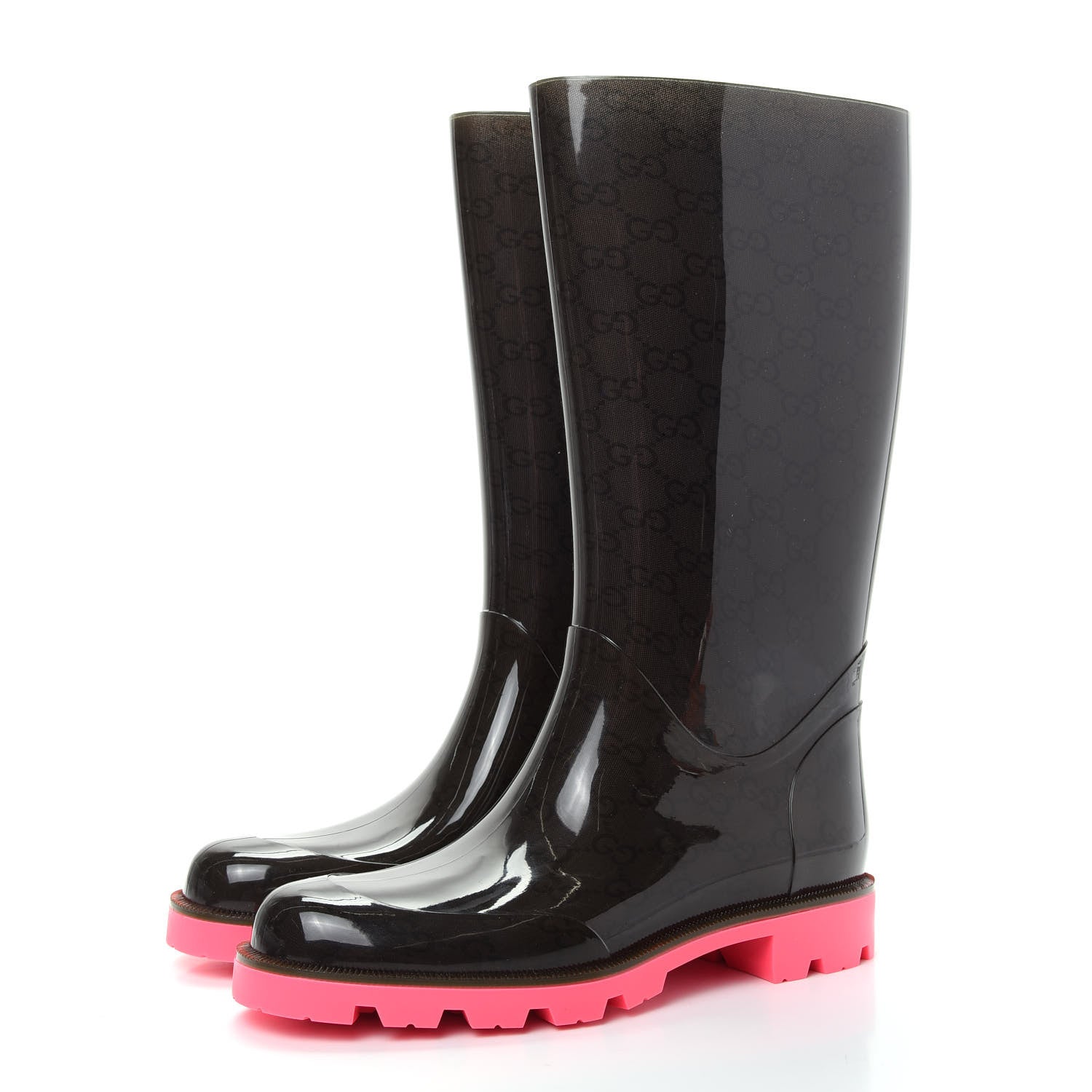 Gucci Rubber Monogram Edinburg Rain Boots 38 Pink Brown 3 of 9