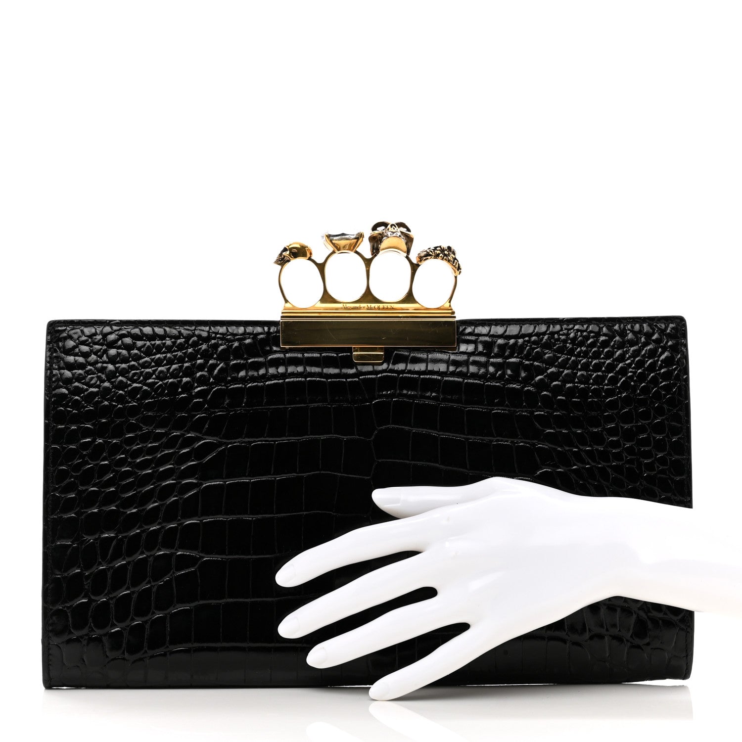 Alexander McQueen Calfskin Crocodile Embossed Knuckle Flat Clutch Black Gold 2 of 9