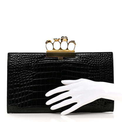 Alexander McQueen Calfskin Crocodile Embossed Knuckle Flat Clutch Black Gold 2 of 9