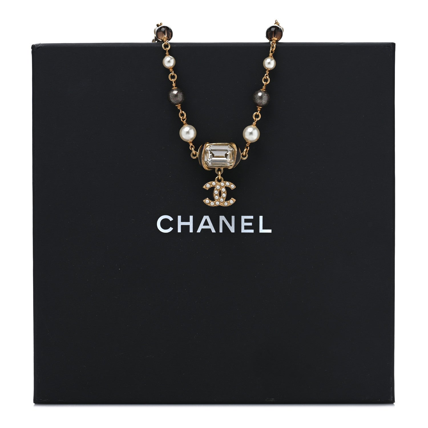 Chanel Graduated Pearl Crystal CC Short Necklace Gold Black Grey 5 of 5