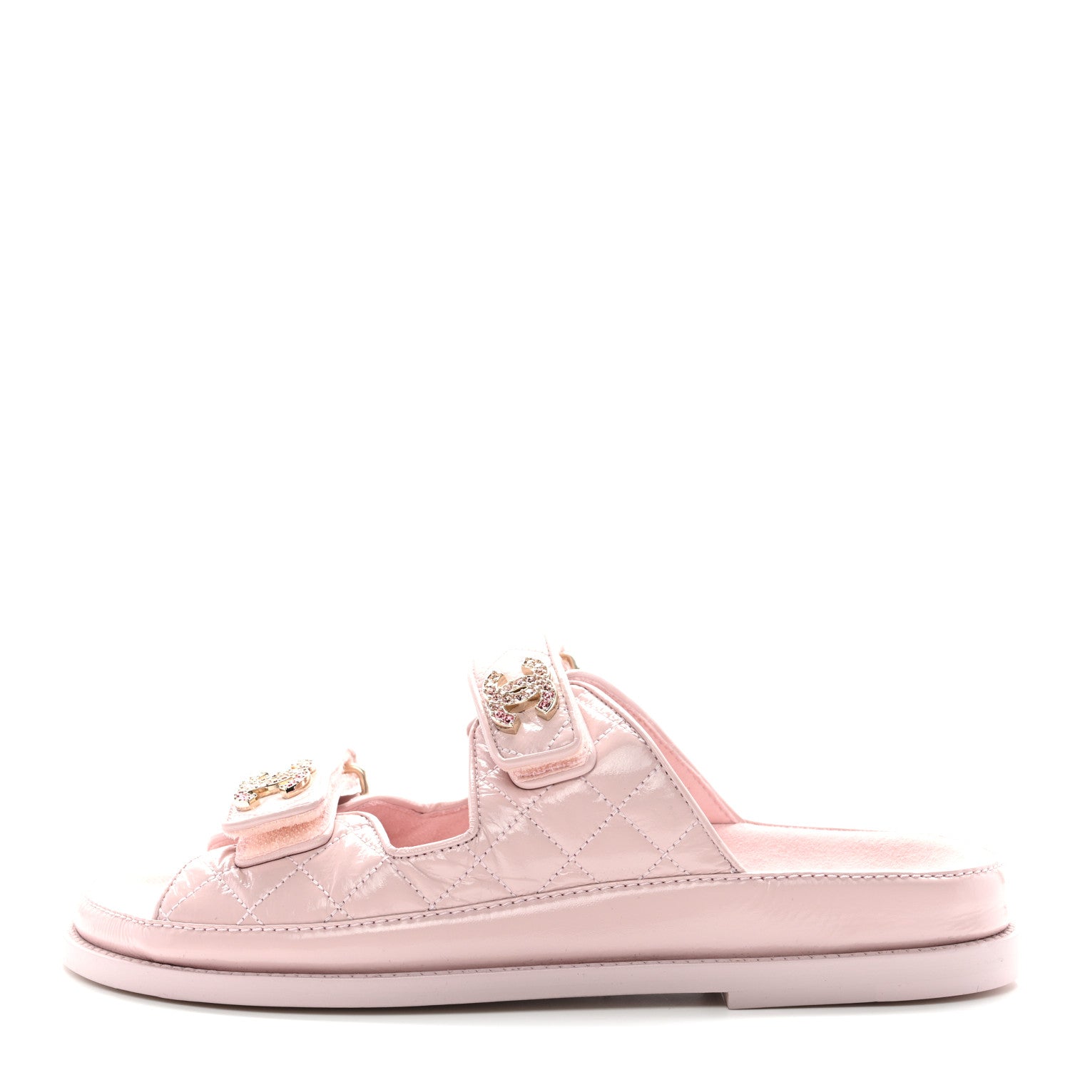 Chanel Shiny Calfskin Crystal Quilted Velcro Dad CC Slide Sandals 38 Light Pink 1 of 8