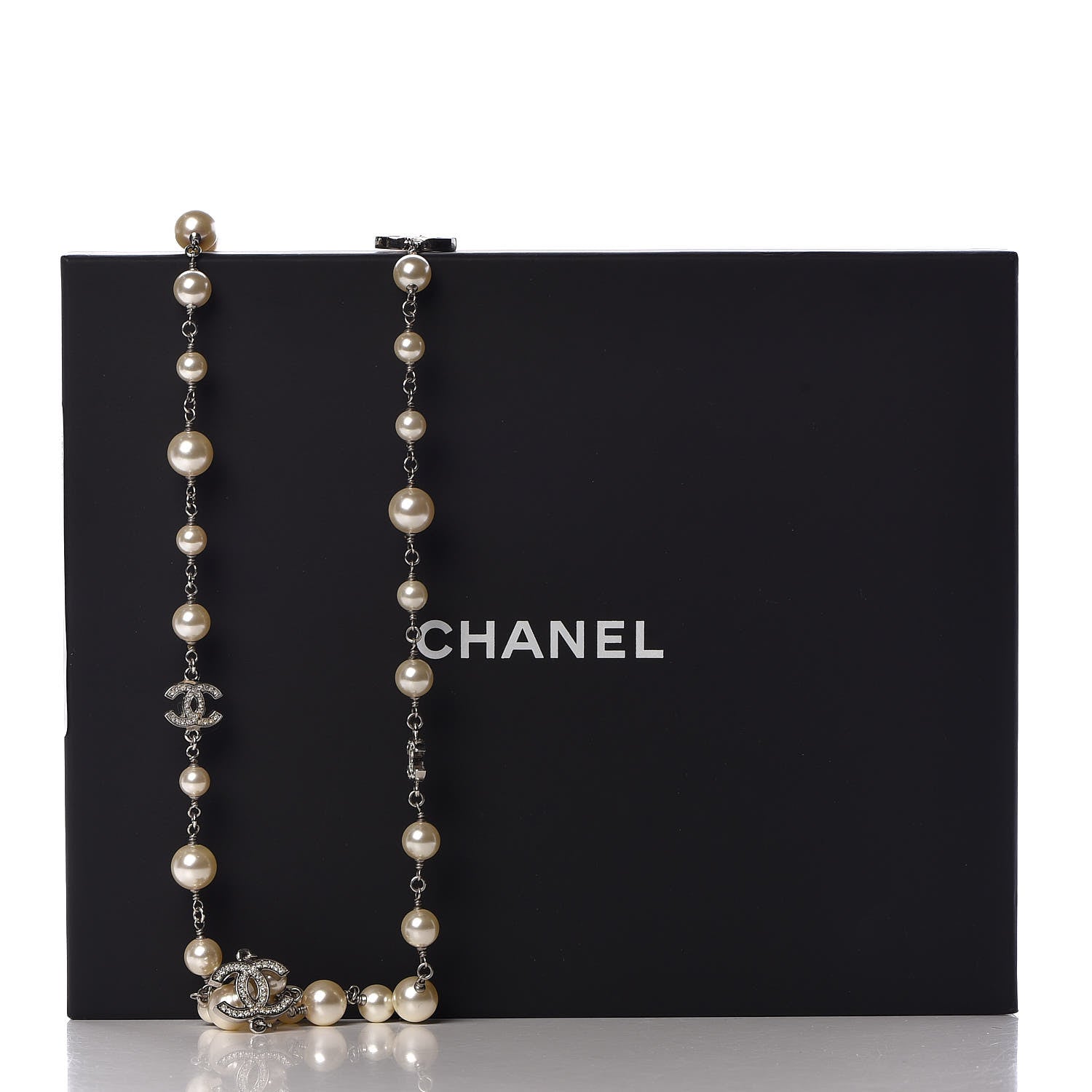 Chanel Crystal Pearl CC Long Necklace Silver 7 of 7