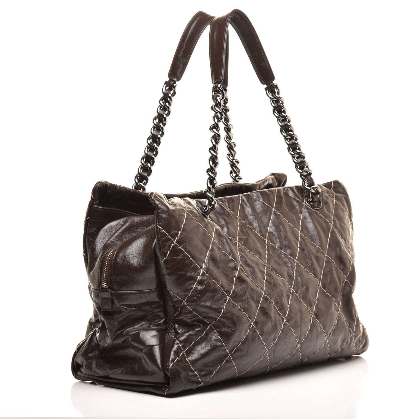 Glazed Goatskin Double Contrast Stitch Large Tote Brown