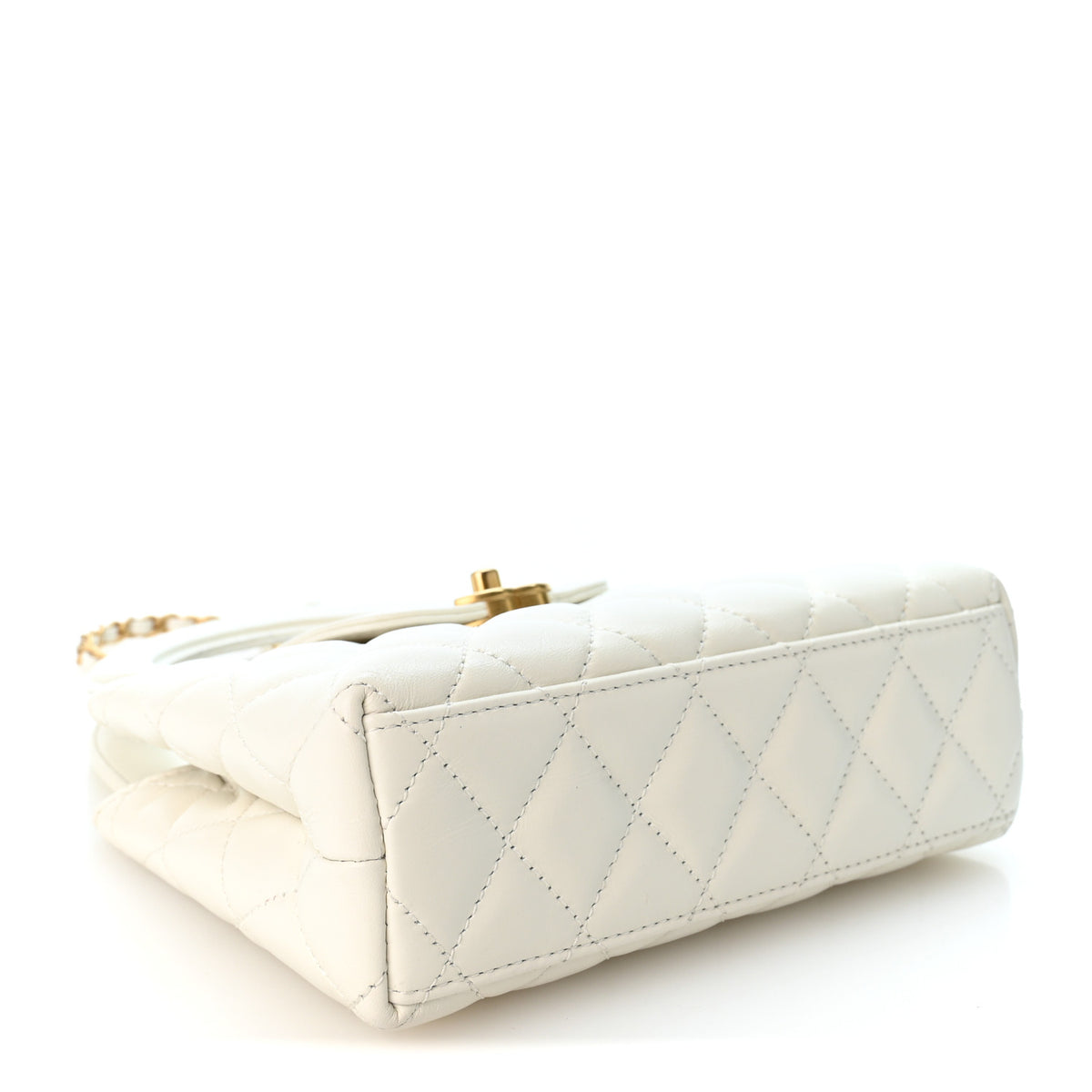 Shiny Aged Calfskin Quilted Nano Kelly Shopper White