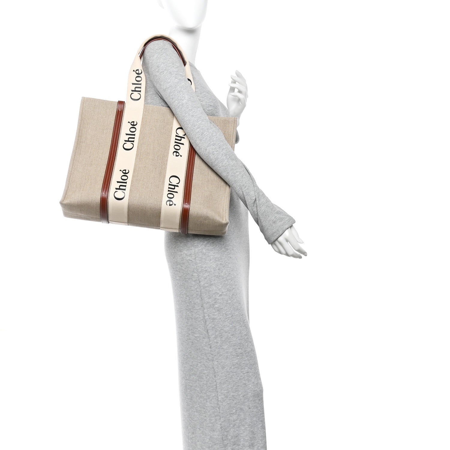 Chloe Cotton Calfskin Large Woody Ribbon Tote White Brown 2 of 10
