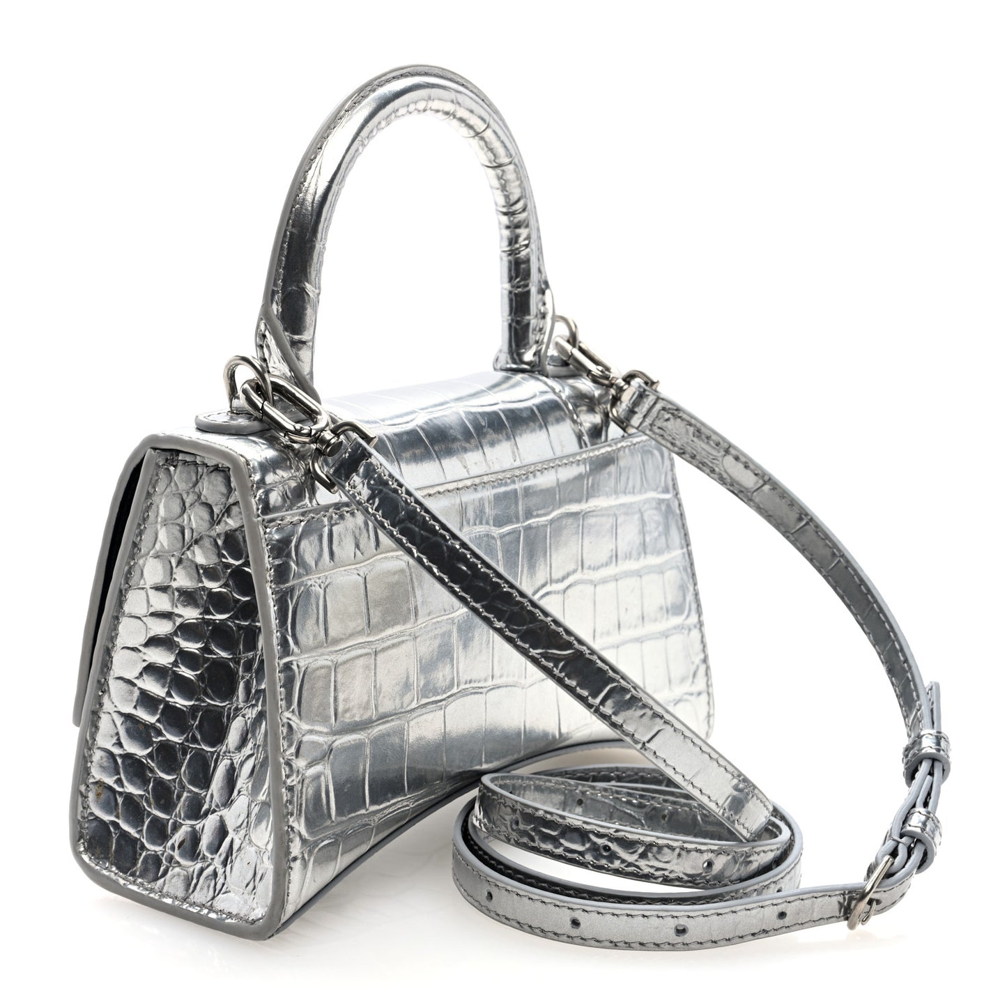 Metallic Calfskin Crocodile Embossed Hourglass Top Handle Bag XS Silver