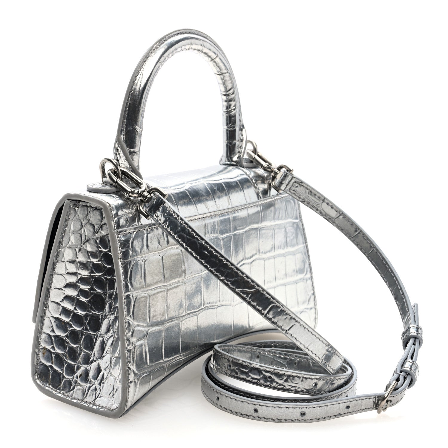 Balenciaga Metallic Calfskin Crocodile Embossed Hourglass Top Handle Bag XS Silver 3 of 9