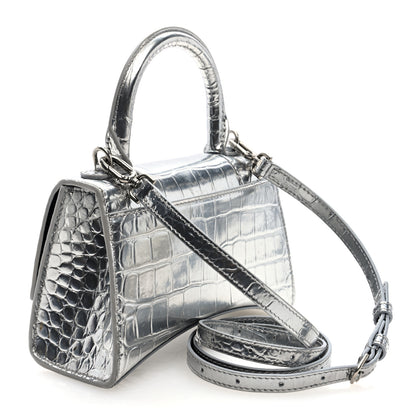 Balenciaga Metallic Calfskin Crocodile Embossed Hourglass Top Handle Bag XS Silver 3 of 9