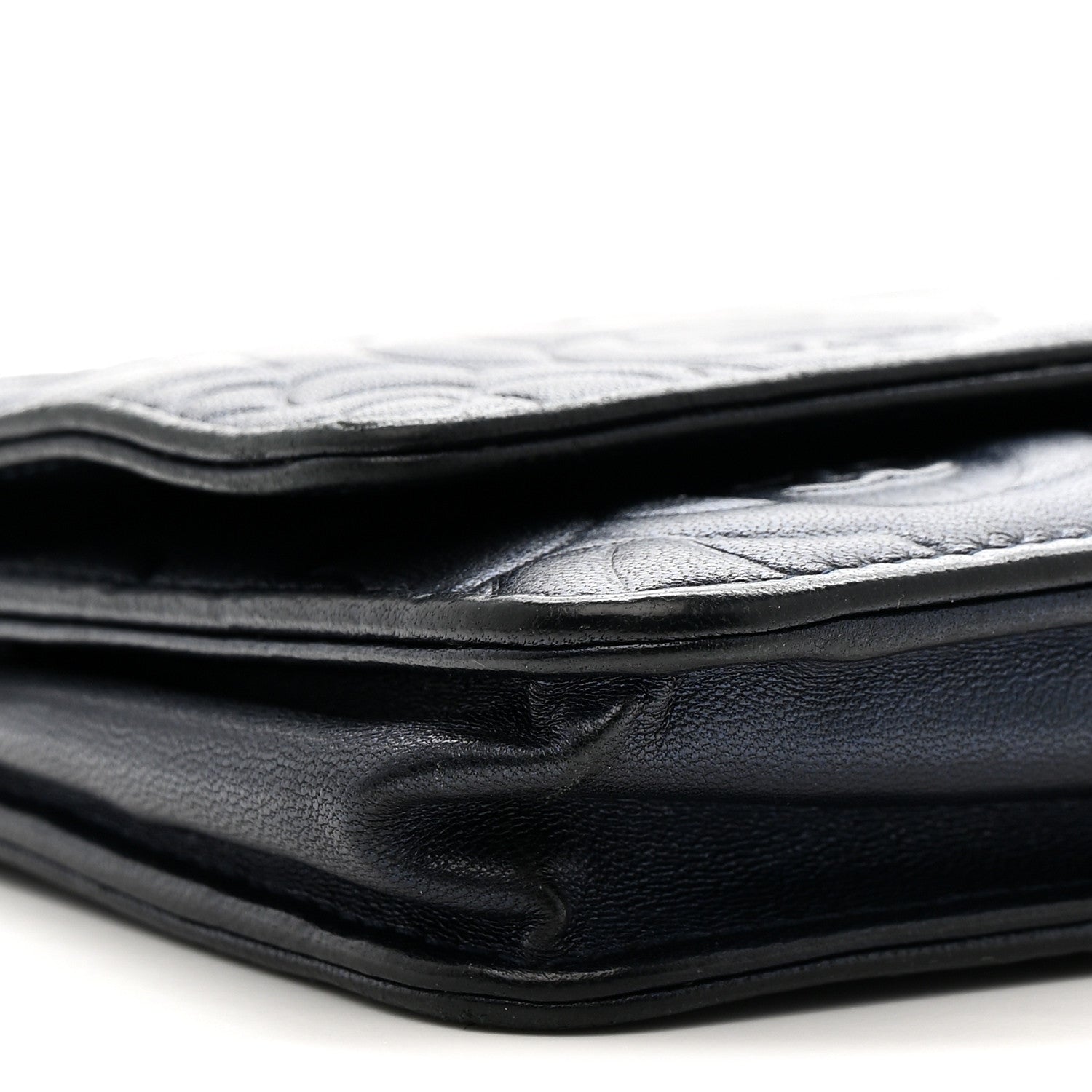 Chanel Metallic Lambskin Camellia Embossed Wallet on Chain WOC Navy 10 of 11