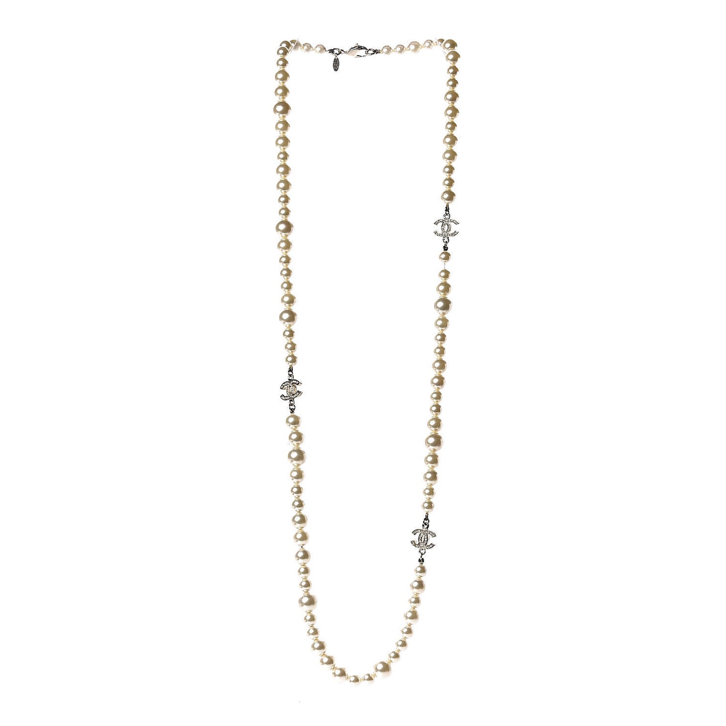 Pearl Crystal Long CC Necklace Gold