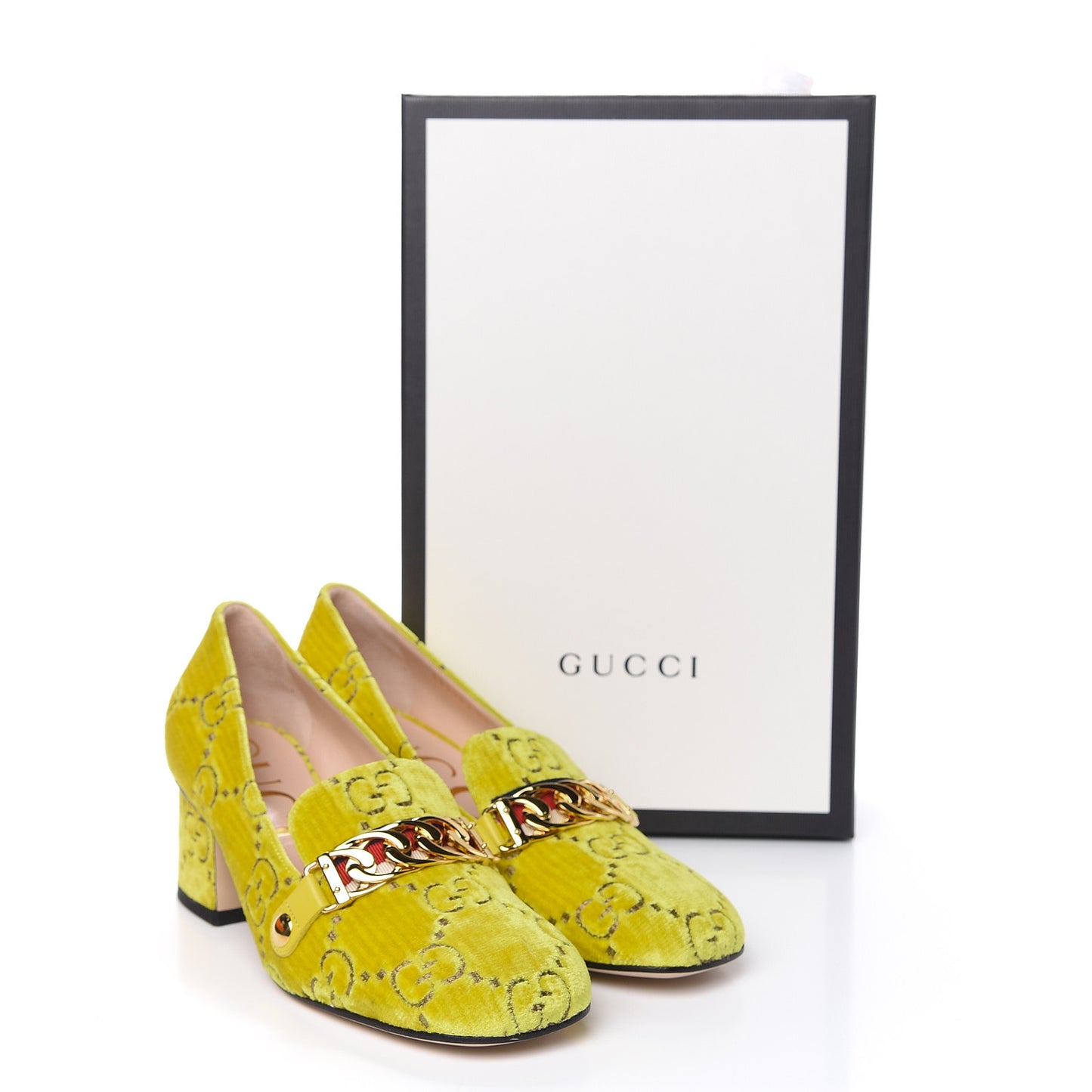 Velvet GG Monogram Sylvie Web Chain Mid Heel Loafers 36 Sunny Beige
