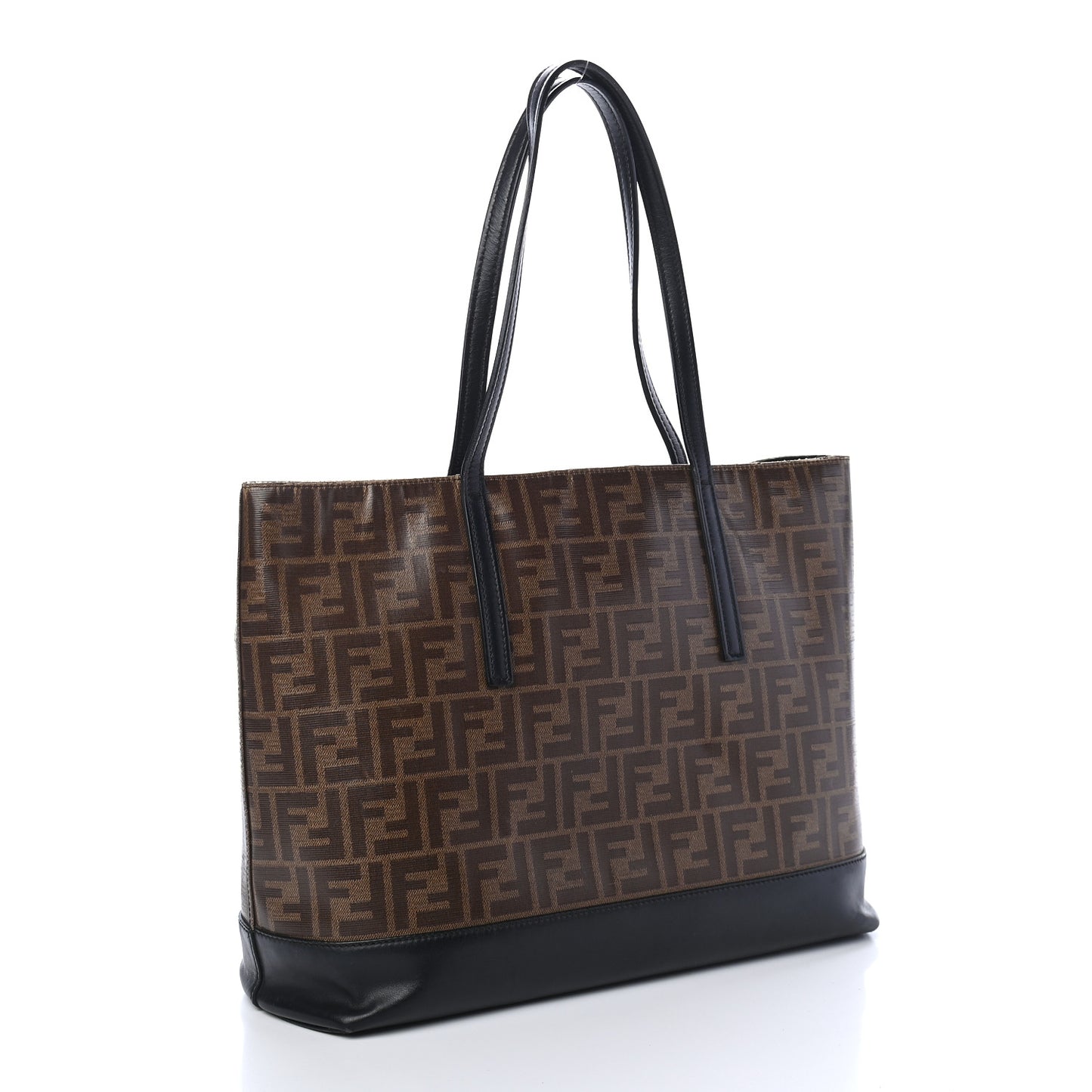 Glazed Fabric Vitello Century FF 1974 Stamp Patch Shopping Tote Mogano Panna Black
