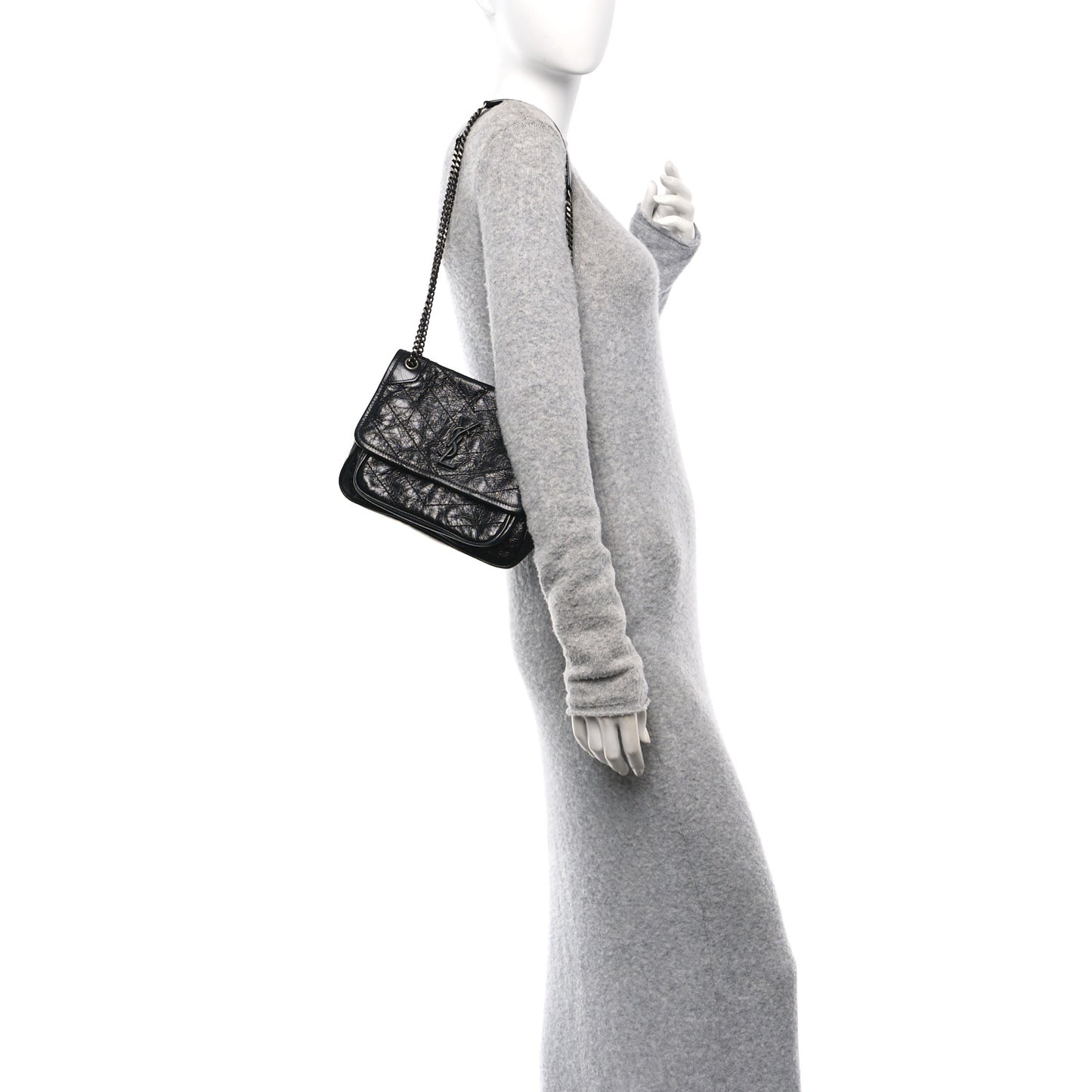 Crinkled Calfskin Matelasse Monogram Baby Niki Chain Satchel Black