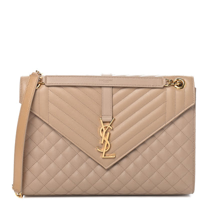 Saint Laurent Grain De Poudre Mixed Matelasse Large Triquilt Monogram Satchel Dark Beige 1 of 8