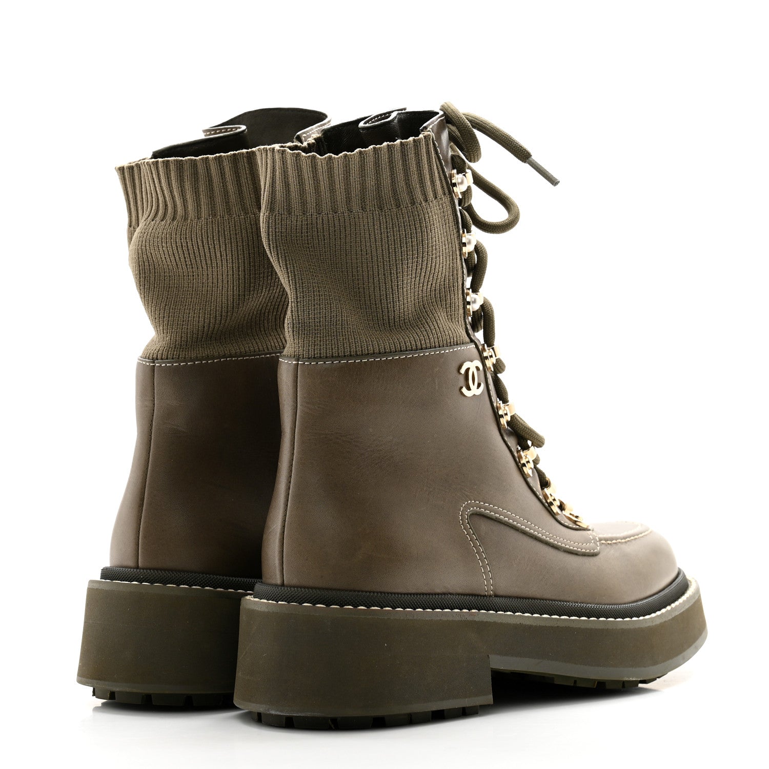 Chanel Calfskin Knit Lace Up Combat Boots 35 Green 4 of 9