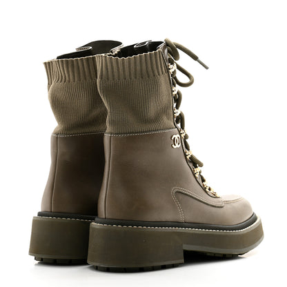 Chanel Calfskin Knit Lace Up Combat Boots 35 Green 4 of 9