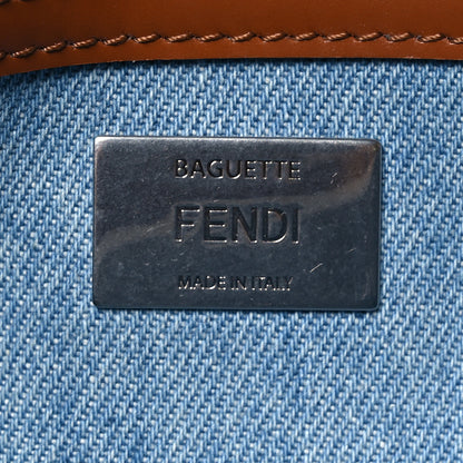 Fendi Denim Vitello King FF Embroidered Baguette Denim Chiaro Brandy 7 of 13