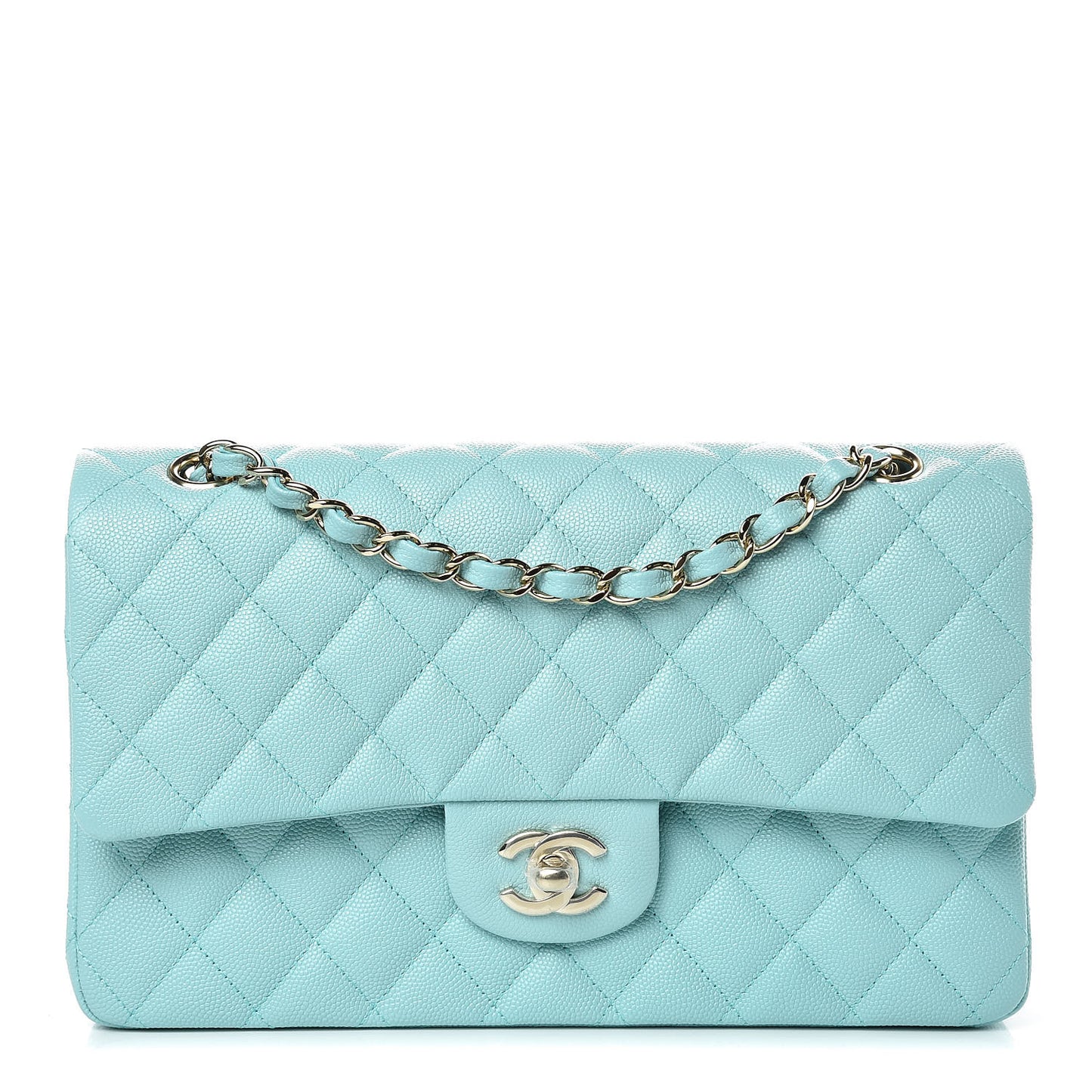 Caviar Quilted Medium Double Flap Light Blue