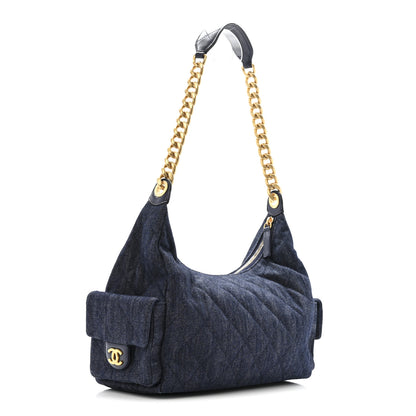 Chanel Washed Denim Quilted Maxi Trendy Pockets Hobo Dark Blue 3 of 11