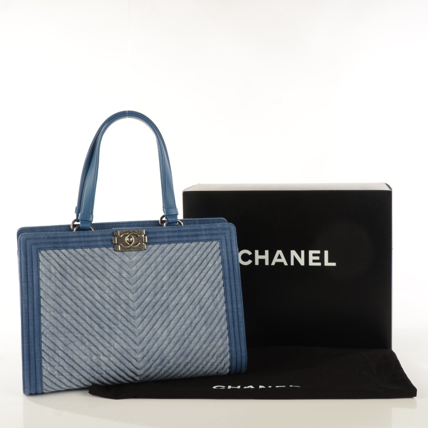 Denim Chevron Quilted Large Boy Shopping Tote Light Blue