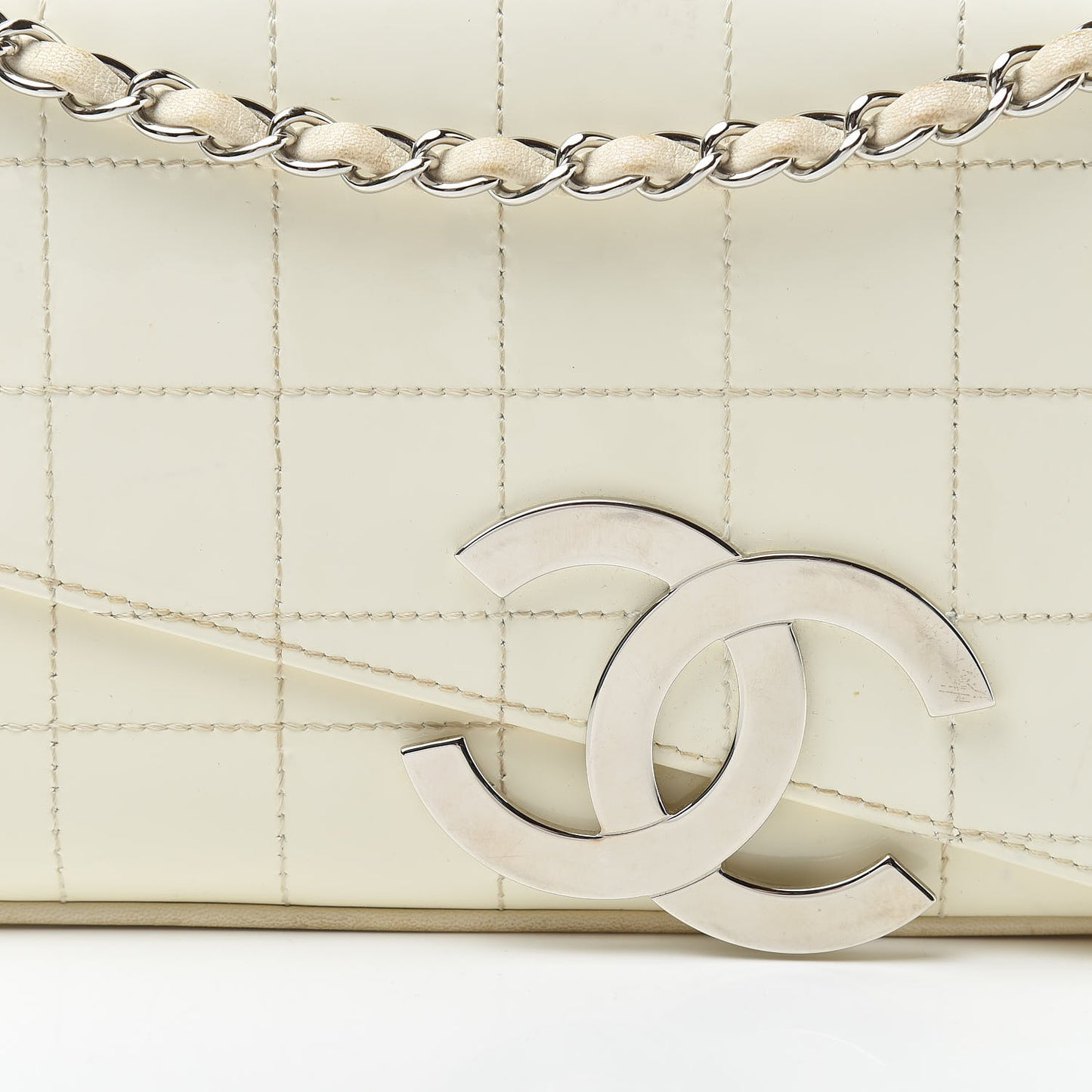 Patent Square Stitched CC Flap Clutch White
