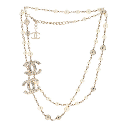 Chanel Pearl Crystal CC Long Necklace Gold Pearly White 3 of 5