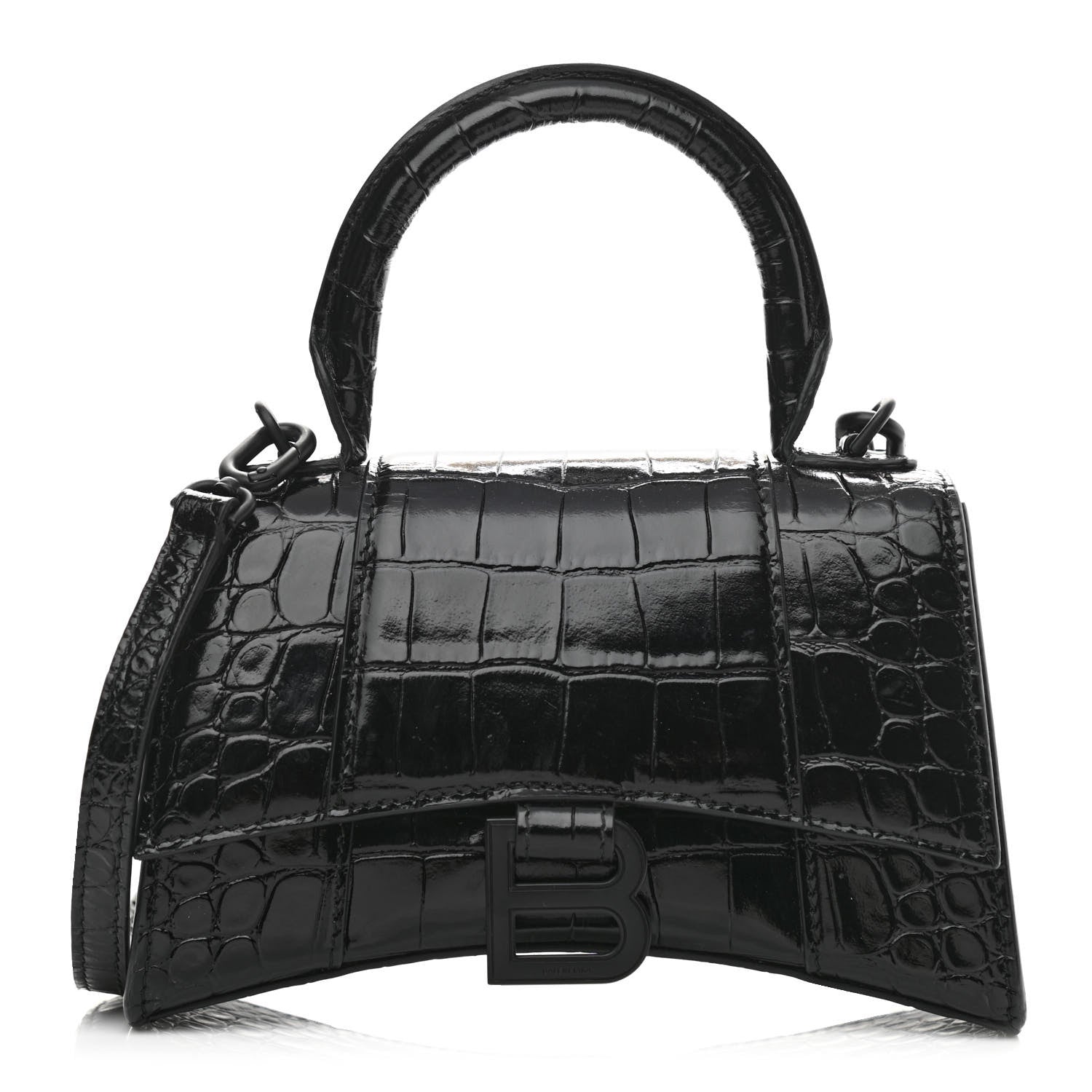 Balenciaga Shiny Calfskin Monochrome Crocodile Embossed Hourglass Top Handle Bag XS Black 1 of 10