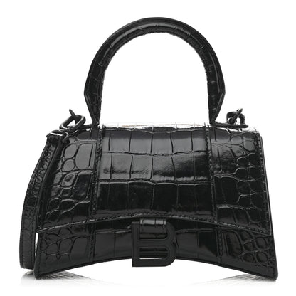 Balenciaga Shiny Calfskin Monochrome Crocodile Embossed Hourglass Top Handle Bag XS Black 1 of 10