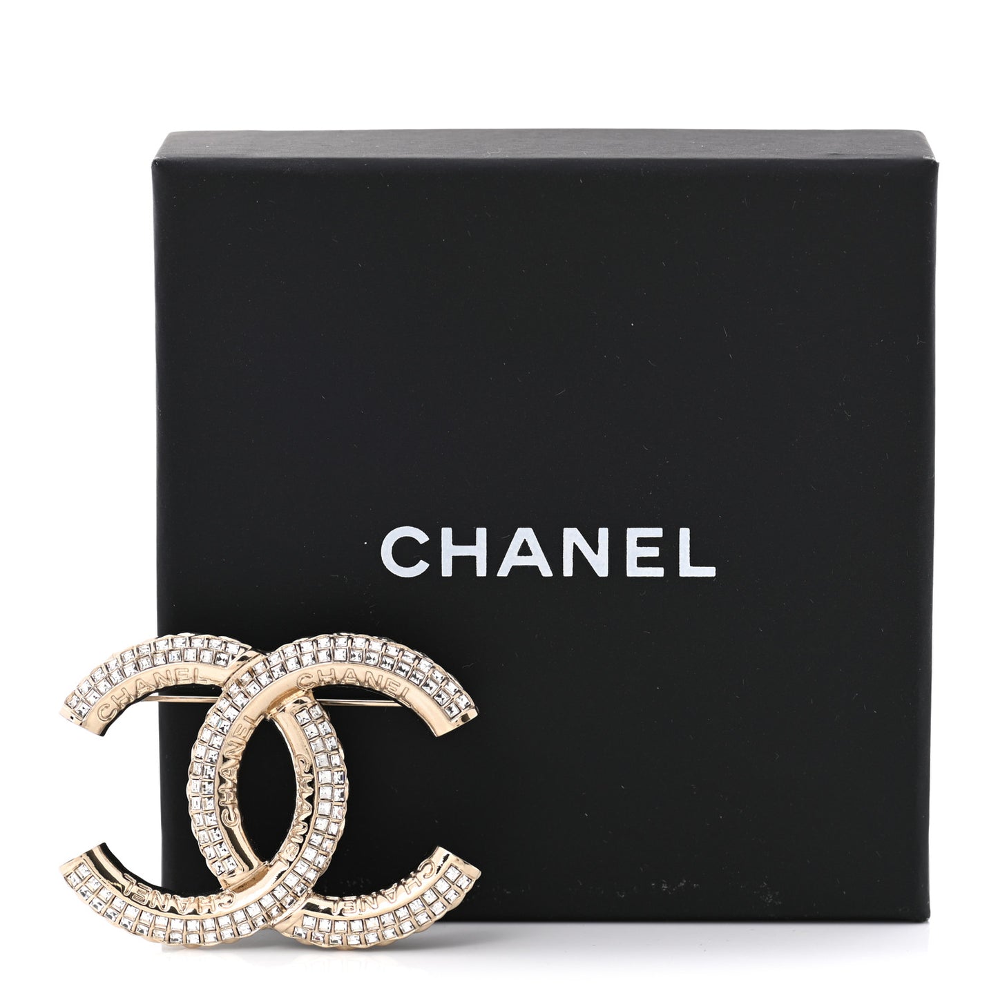 Metal Crystal Baguette CC Brooch Gold