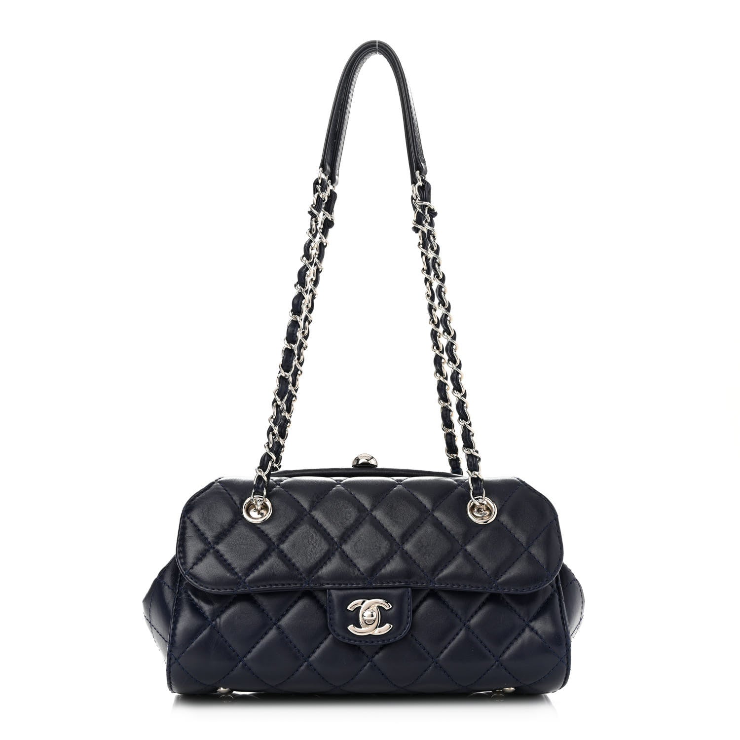 Chanel Calfskin Quilted Kisslock Frame Chain Bag Navy 1 of 12