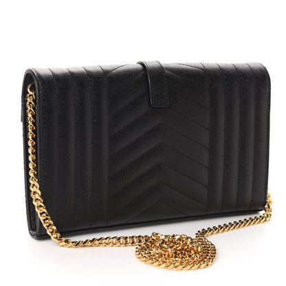 Saint Laurent Grain De Poudre Mixed Matelasse Triquilt Monogram Chain Wallet Black 3 of 11