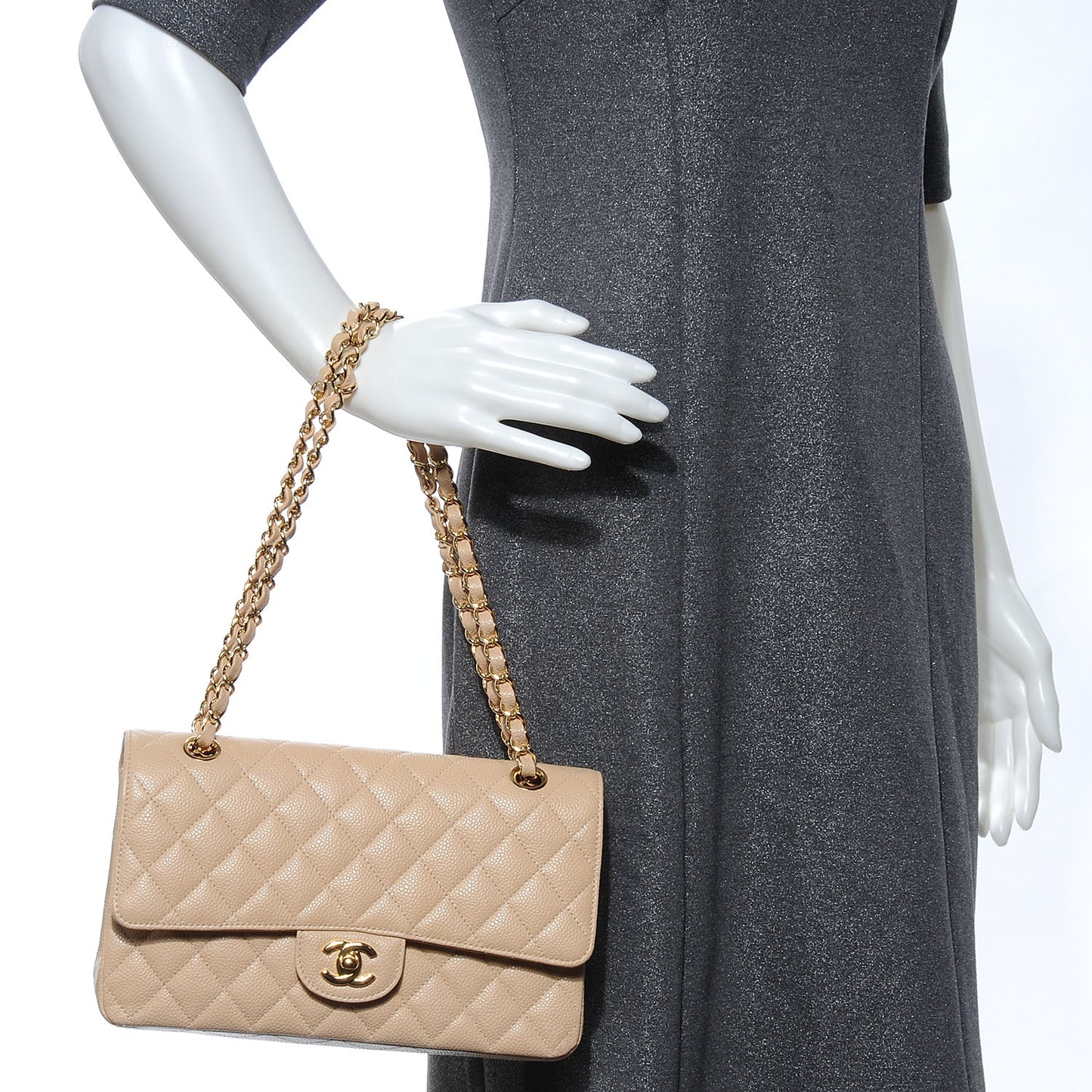Caviar Quilted Medium Double Flap Beige