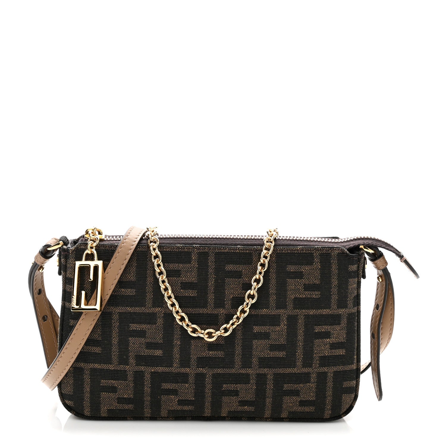 Fendi Fabric Jacquard Vitello Grace FF 1974 Baguette Pouch Tobacco Moro Sand 1 of 10