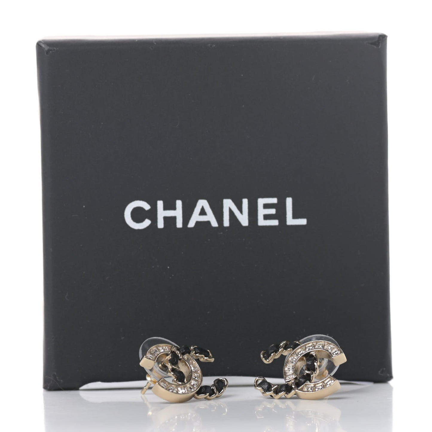 Crystal Baguette Lambskin Chain CC Vintage Allure Stud Earrings Black Gold