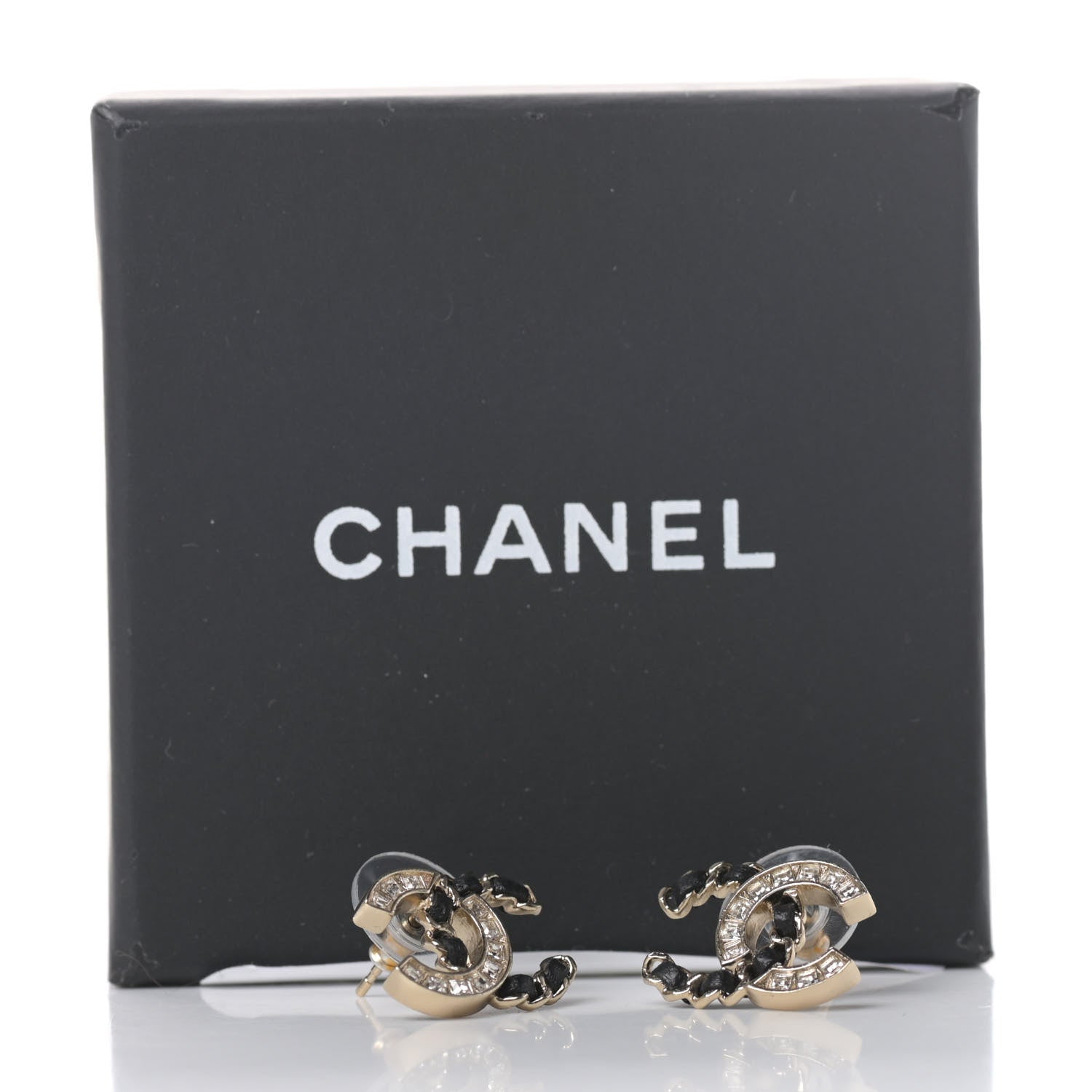 Chanel Crystal Baguette Lambskin Chain CC Vintage Allure Stud Earrings Black Gold 5 of 5