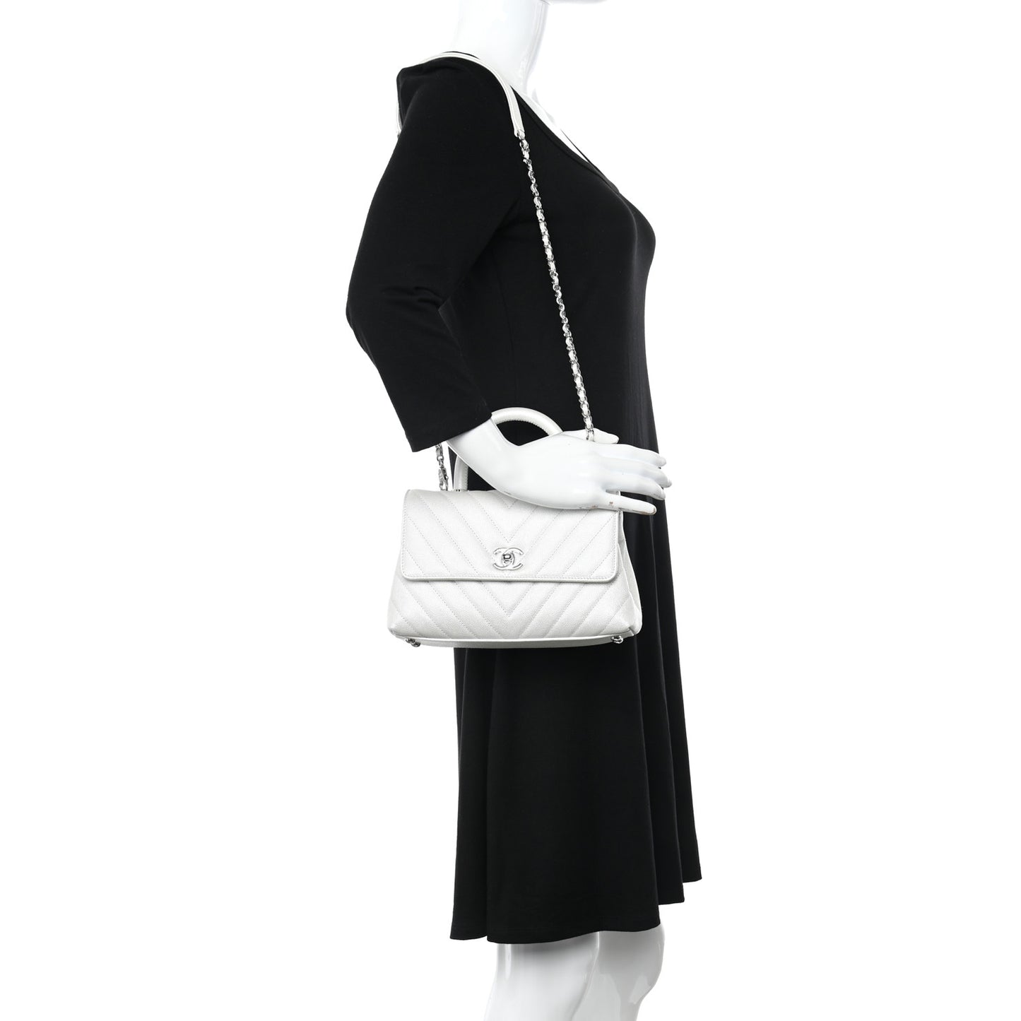 Iridescent Caviar Chevron Quilted Mini Coco Handle Flap White