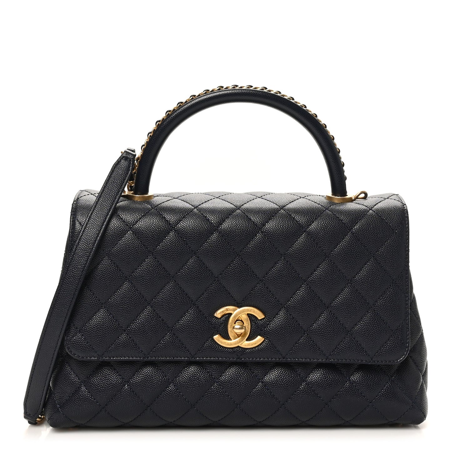 Caviar Quilted Small Coco Chain Handle Flap Navy Blue